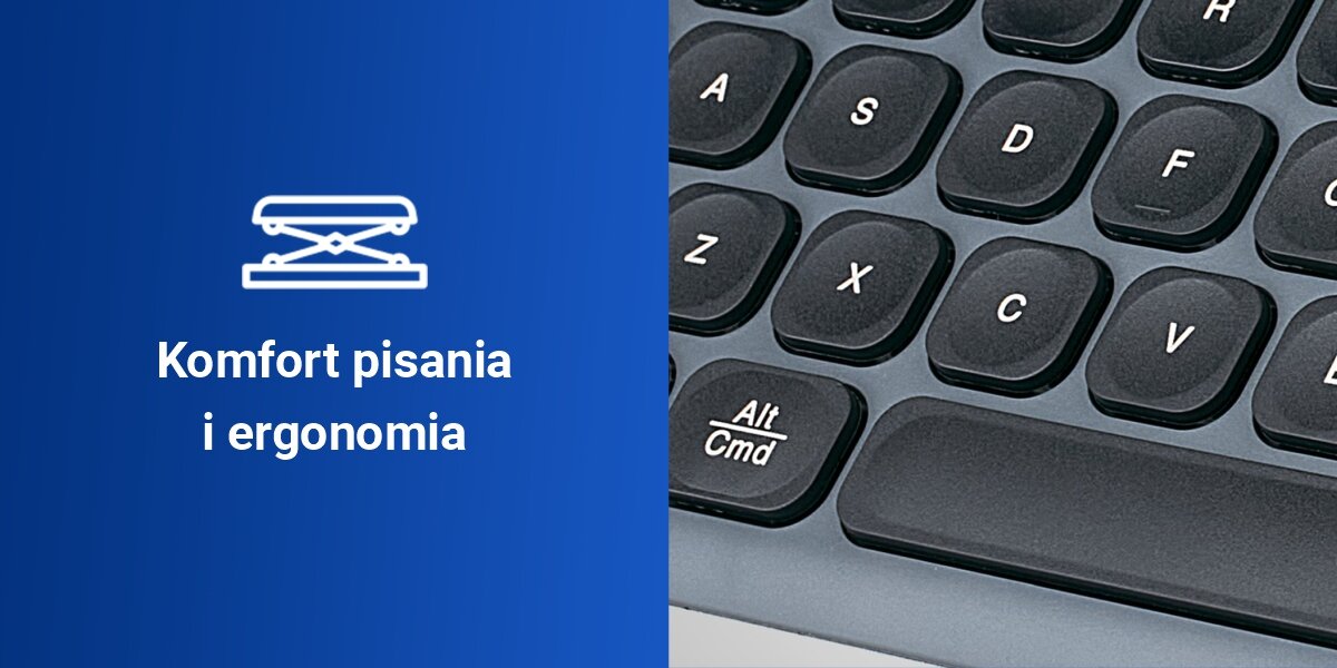 Klawiatura HAMA WK-500 Multi-Device Assist AI Czarny ciche i responsywne klawisze, mechanizm nożycowy, laserowy nadruk na przyciskach
niebieskie tło, produkt ze zbliżeniem na klawisze, napis komfort pisania i ergonomia