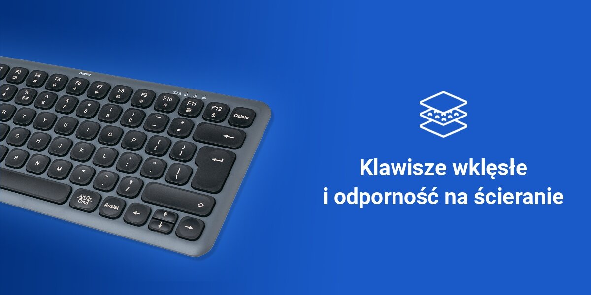 Klawiatura HAMA WK-500 Multi-Device Assist AI Czarny,
przemyślany design, odbiornik USB-A klawiatury HAMA WK-500 można schować w specjalnym schowku,
kompaktowy rozmiar ok. 301 x 129 x 17 mm, brak bloku numerycznego, niska waga ok. 307 gramów, poręczna
produkt na niebieskim tle