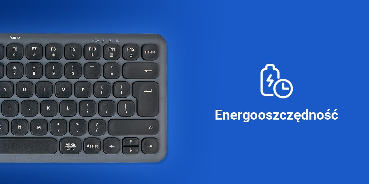 Klawiatura HAMA WK-500 Multi-Device Assist AI Czarny,
praktyczne zasilanie dwiema bateriami AAA (baterie w zestawie), automatyczne przejście w tryb
uśpienia po 5 minutach bezczynności, produkt na niebieskim tle