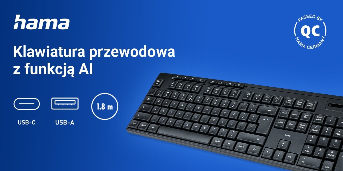 Klawiatura HAMA CK-200 Czarny ergonomiczna klawiatura, niebieskie tło, produkty, logo producenta, ikona USB-A, ikona USB-C