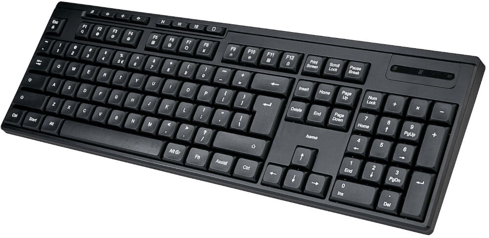 Klawiatura HAMA WK-200 Assist AI Czarny ergonomiczny kąt pisania składane nóżki, produkt na białym tle pod skosem