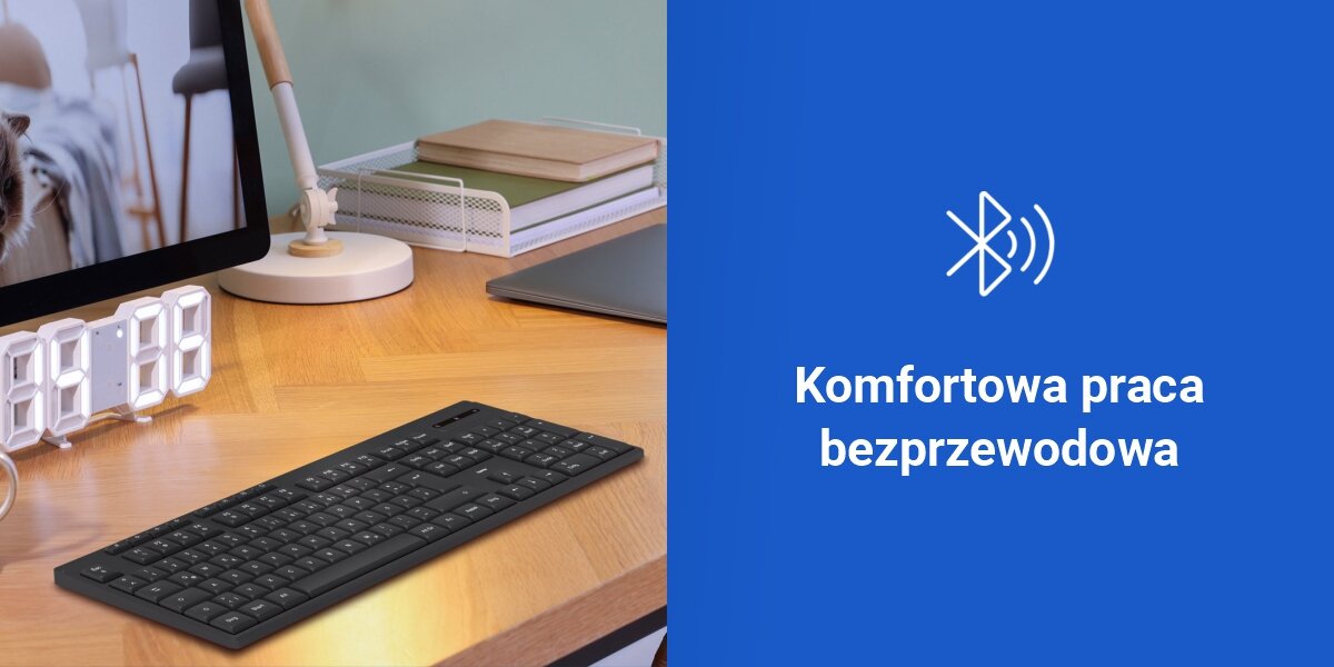 Klawiatura HAMA WK-200 Assist AI Czarny, wygodna bezprzewodowość
technologia radiowa 2,4 GHz (adapter 2,4 GHz USB-A w zestawie), zasięg do 10 metrów, funkcja plug & play,
niebieskie tło, produkt na biurku, ikona bluetooth