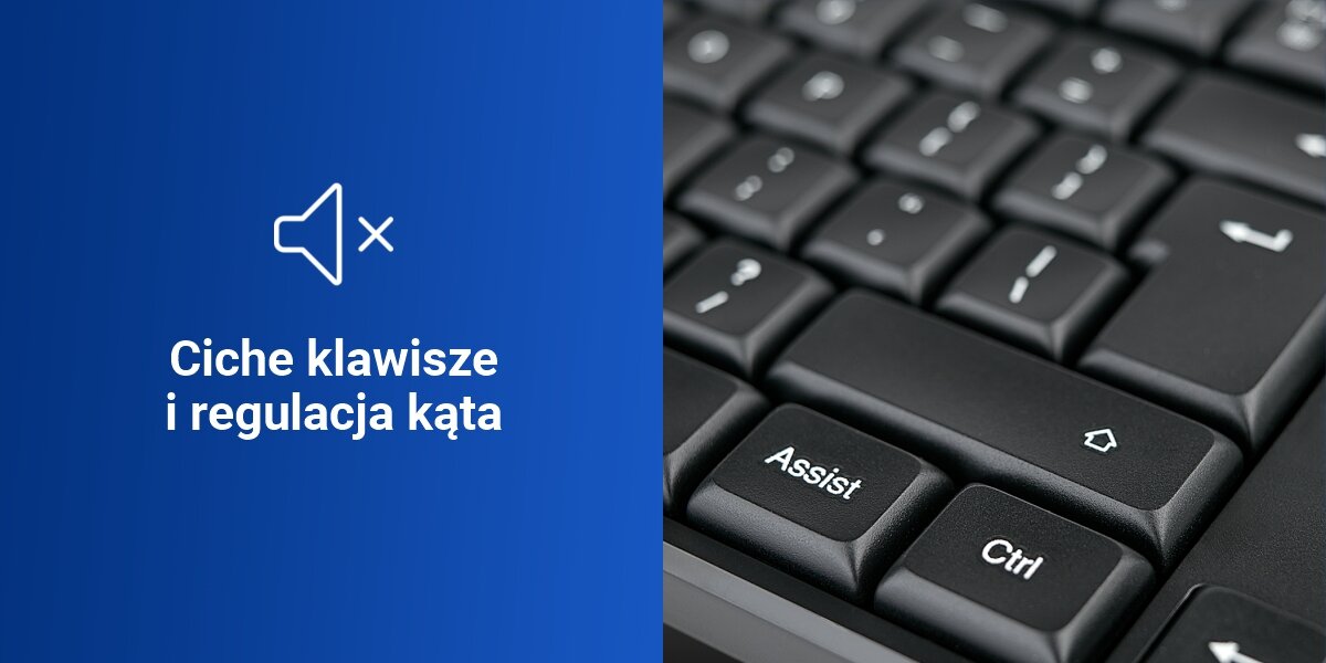 Klawiatura HAMA WK-200 Assist AI Czarny 105 cichych i responsywnych klawiszy, pokrytych promieniowaniem UV, niebieskie tło,
produkt, zbliżenie na klawisze, ikona wyciszonego głośnika