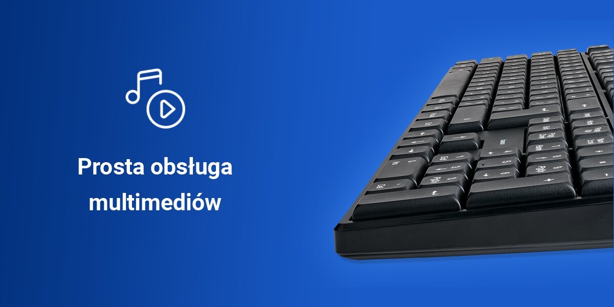 Klawiatura HAMA WK-200 Assist AI Czarny szybki dostęp do funkcji, 8 dedykowanych
klawiszy multimedialnych, funkcja FN-Lock, produkt na niebieskim tle, ikona multimediów