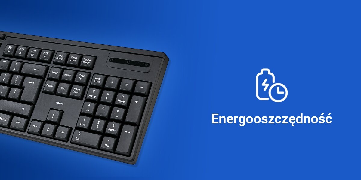 Klawiatura HAMA WK-200 Assist AI Czarny,
praktyczne zasilanie baterią AA (baterie w zestawie), automatyczne przejście w tryb
uśpienia po 5 minutach bezczynności, produkt na niebieskim tle