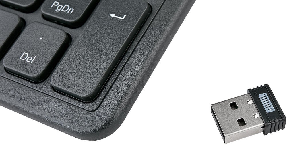 Klawiatura HAMA WK-300 Multi-Device Assist AI Czarny, wszechstronna kompatybilność z systemami Windows 10 i nowszy,
MacOS, Android, iOS, róg produktu oraz adapter 2,4 GHz na białym tle