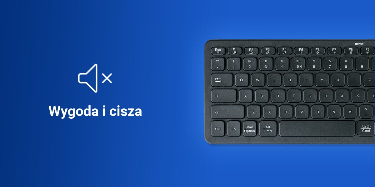 Klawiatura HAMA WK-300 Multi-Device Assist AI Czarny ciche i responsywne klawisze, niebieskie tło,
produkt na niebieskim tle, ikona wyciszonego głośnika