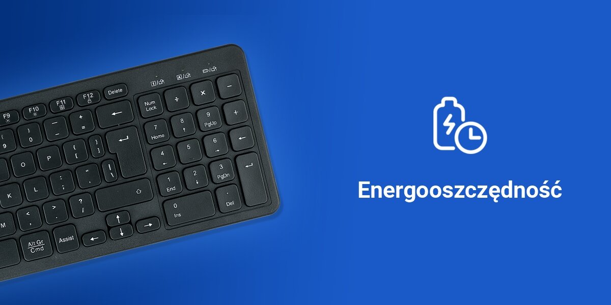 Klawiatura HAMA WK-300 Multi-Device Assist AI Czarny,
praktyczne zasilanie dwiema bateriami AAA (baterie w zestawie), automatyczne przejście w tryb
uśpienia po 5 minutach bezczynności, produkt na niebieskim tle