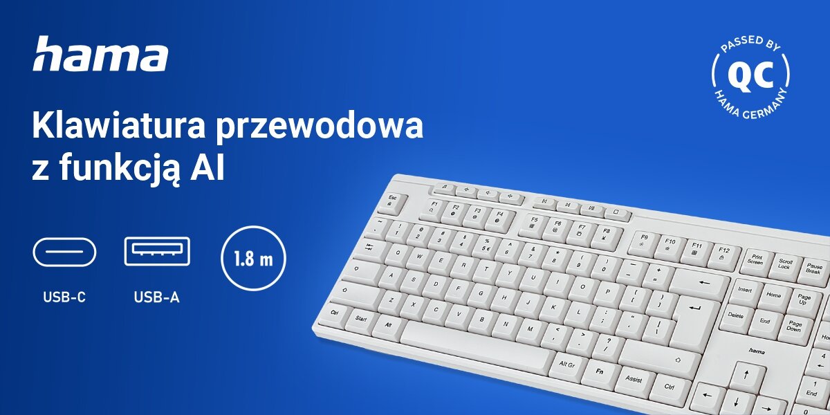 Klawiatura HAMA CK-200 biały ergonomiczna klawiatura, niebieskie tło, produkty, logo producenta, ikona USB-A, ikona USB-C