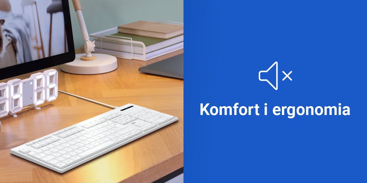 Klawiatura HAMA CK-200 biały ciche i responsywne klawisze, niebieskie tło, produkt na biurku
