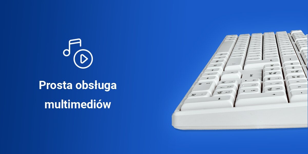 Klawiatura HAMA CK-200 biały szybki dostęp do funkcji dedykowane klawisze multimedialne, funkcja FN-Lock, niebieskie tło, produkt, zbliżenie na klawiaturę numeryczną oraz strzałki