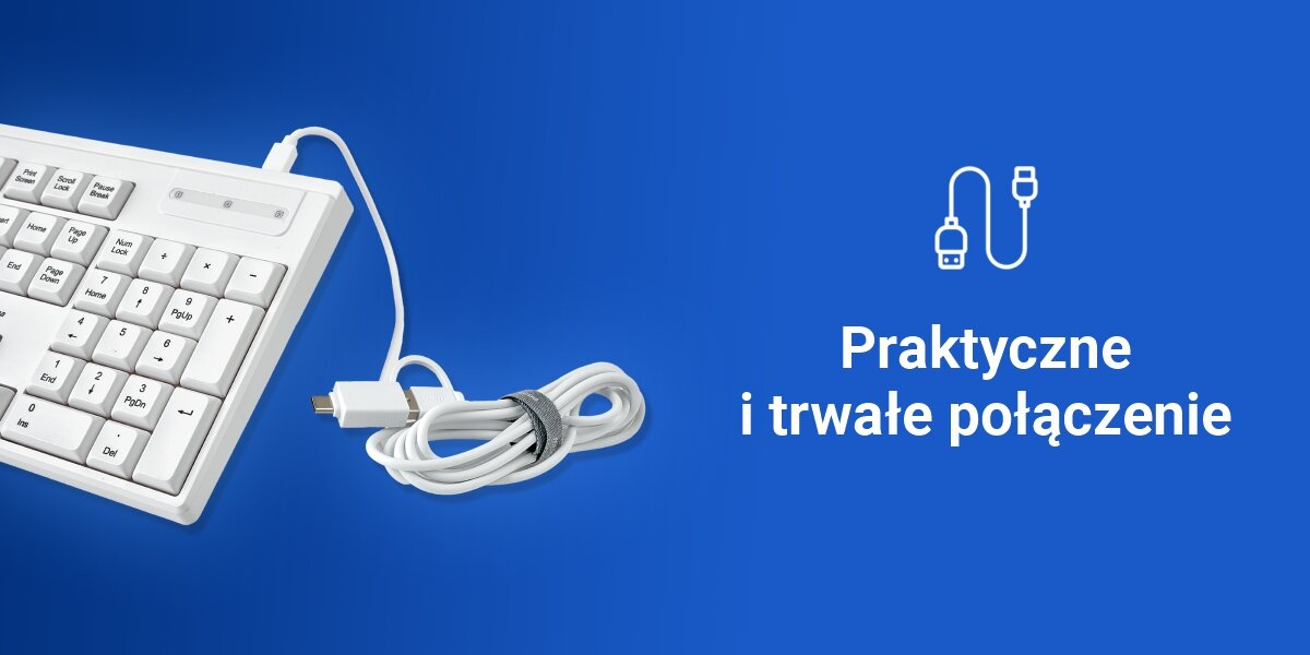 Klawiatura HAMA CK-200 biały szybkie podłączenie, brak potrzeby instalowania sterowników, technologia Plug & Play, produkt na niebieskim tle, kabel zwinięty i zapięty w opaskę kablową na rzep
