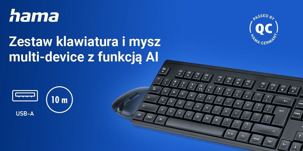 Zestaw HAMA WKM-100 Czarny klawiatura i mysz w zestawie, niebieskie tło, produkty, logo producenta, ikona USB-A