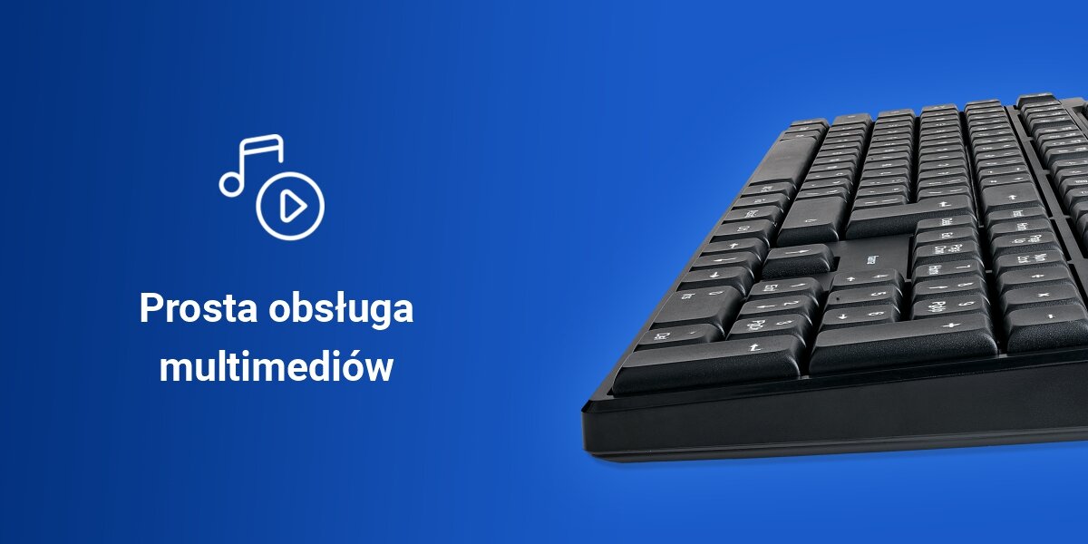 Zestaw HAMA WKM-100 Czarny szybki dostęp do funkcji dedykowane klawisze multimedialne, funkcja FN-Lock, produkt na niebieskim tle,
napis prosta obsługa multimediów, produkt na niebieskim tle, ikona multimediów