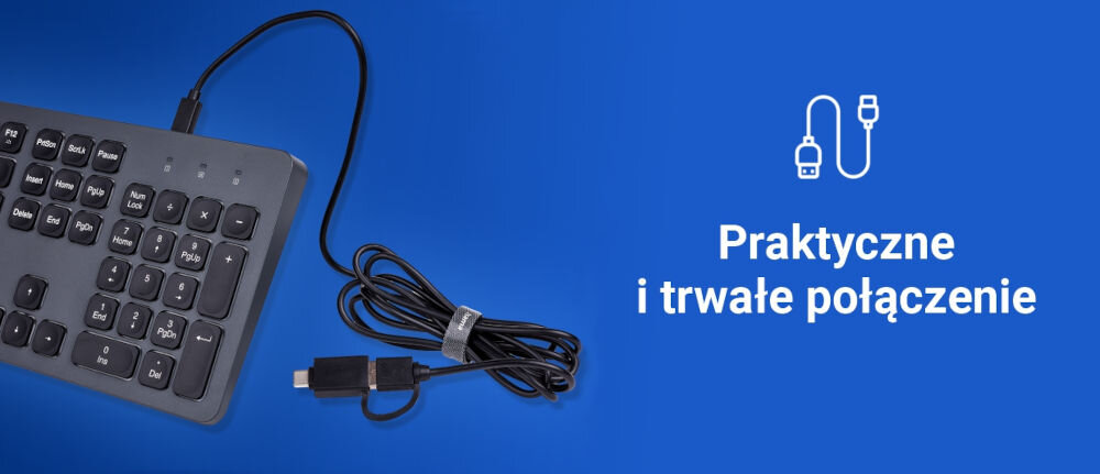 Klawiatura HAMA CK-400
szybkie podłączenie, brak potrzeby instalowania sterowników, technologia Plug & Play,
niebieskie tło, produkt, podłączony do urządzenia kabel zwinięty i zapięty w opaskę kablową na rzep, biały napis Praktyczne i trwałe połączenie