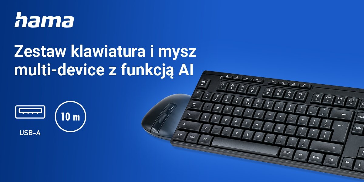 Zestaw HAMA WKM-200 Czarny komfort pracy mobilnej, niebieskie tło, produkty, logo producenta, ikona USB-A