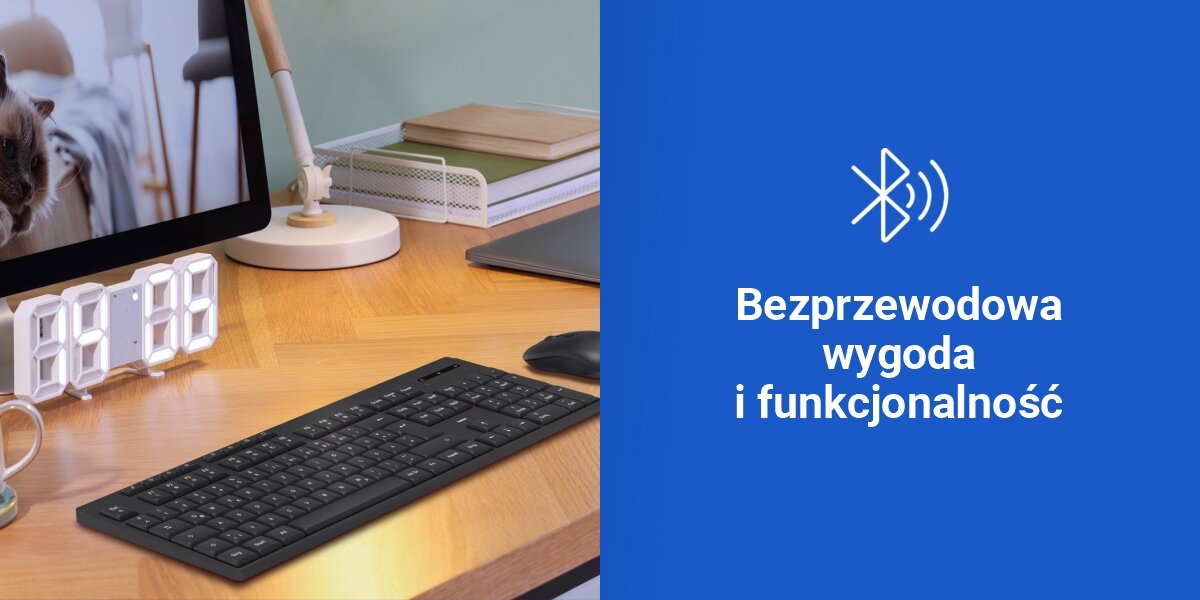 Zestaw HAMA WKM-200 Czarny wygodna bezprzewodowość, w zestawie klawiatura i optyczna, 4-przyciskowa mysz bezprzewodowa,
technologia radiowa 2,4 GHz adapter 2,4 GHz USB-A w zestawie, zasięg do 10 metrów, funkcja Plug & Play niebieskie tło, logo bluetooth