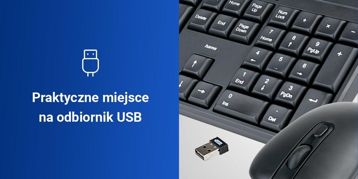 Zestaw HAMA WKM-200 Czarny ergonomiczny kąt pisania składane nóżki, pełnowymiarowy układ klawiszy z blokiem numerycznym, produkt na biurku,
na biurku: klawiatura, mysz, kubek