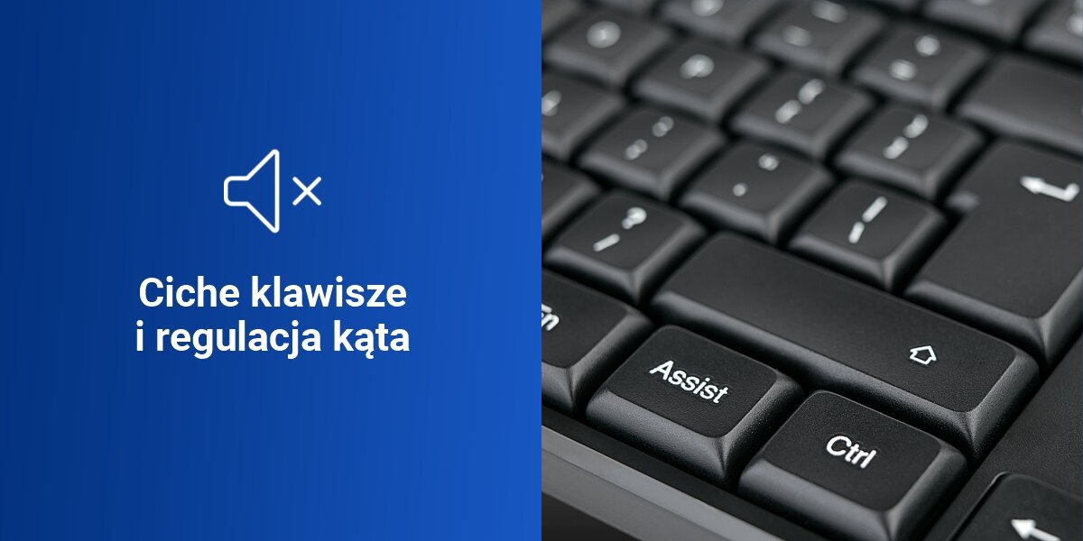 Zestaw HAMA WKM-200 Czarny ciche i responsywne klawisze, niebieskie tło, produkt ze zbliżeniem na klawisze, ikonka wyciszonego dźwięku