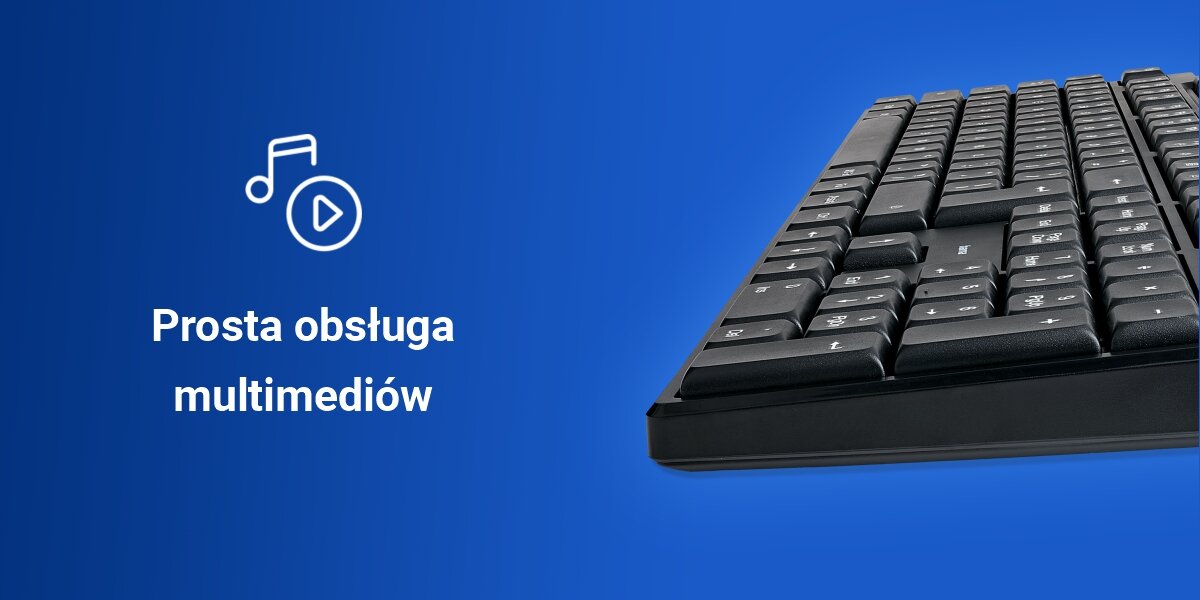 Zestaw HAMA WKM-200 Czarny szybki dostęp do funkcji dedykowane klawisze multimedialne, funkcja FN-Lock, produkt na niebieskim tle,
napis prosta obsługa multimediów, produkt na niebieskim tle, ikona multimediów