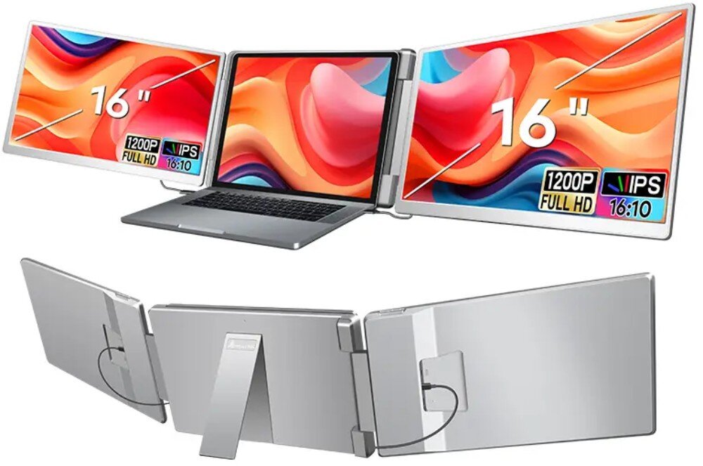 Monitor EXTRALINK Smart Life S11 Laptop z zamontowanymi dwoma bocznymi ekranami o przekątnej 16 cali i proporcjach 16:10. Na wyświetlaczach widoczna jest kolorowa grafika z informacjami o rozdzielczości 1200P i technologii IPS, opis