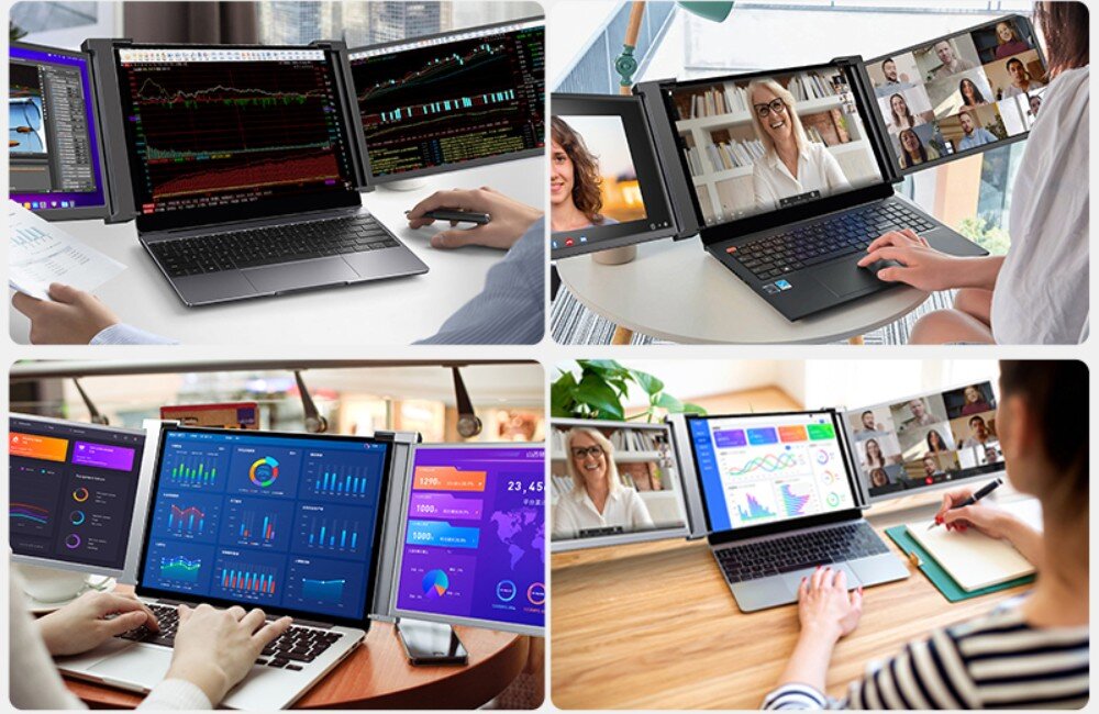 Monitor EXTRALINK Smart Life S11 Cztery różne sceny przedstawiające użytkowanie monitora. W lewym górnym rogu osoba analizuje dane giełdowe. W prawym górnym rogu laptop wykorzystywany jest do wideokonferencji. W lewym dolnym rogu wyświetlane są różne wykresy i statystyki, a w prawym dolnym rogu użytkownik łączy rozmowę wideo z pracą na arkuszach kalkulacyjnych, przeznaczenie, zalety, cechy