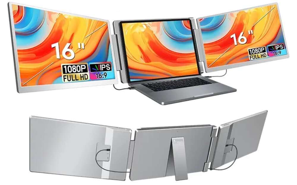 Monitor EXTRALINK Smart Life S11 Laptop z rozłożonymi bocznymi ekranami, wyświetlającymi kolorowe tło z informacjami o technologii IPS, proporcjach 16:10 i rozdzielczości 1200P, zużycie prądu, tryb czuwania