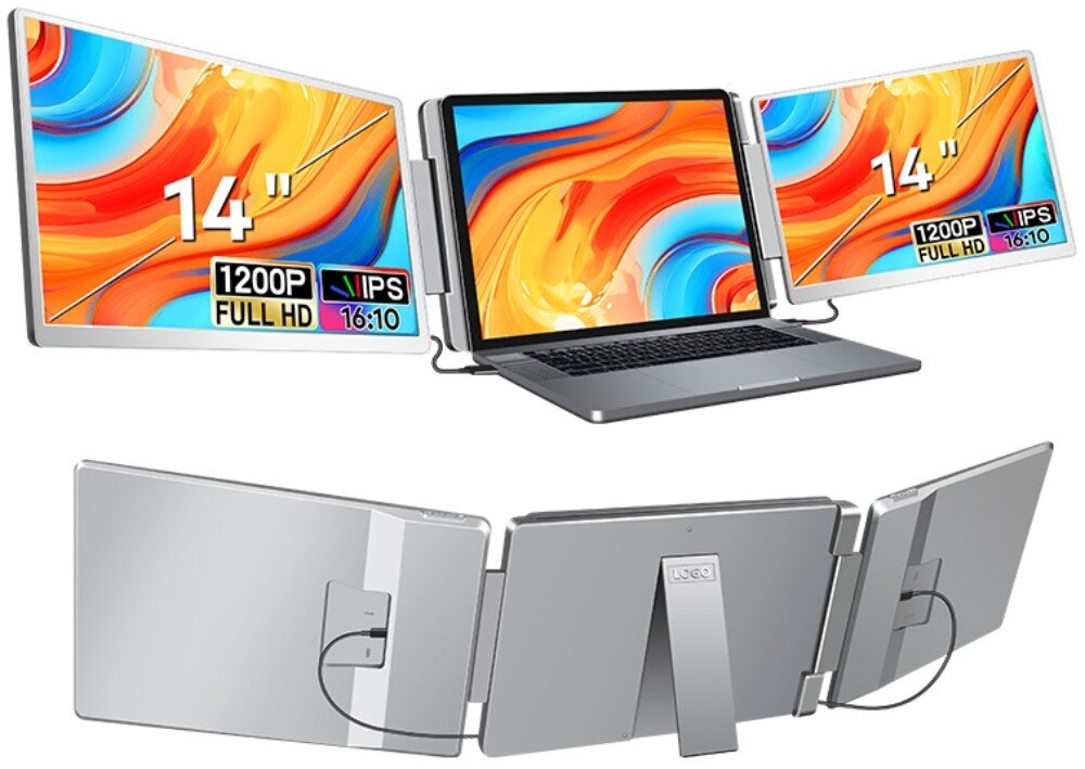 Monitor EXTRALINK Smart Life S7 Laptop z rozłożonymi bocznymi ekranami, wyświetlającymi kolorowe tło z informacjami o technologii IPS, proporcjach 16:10 i rozdzielczości 1200P, zużycie prądu, tryb czuwania