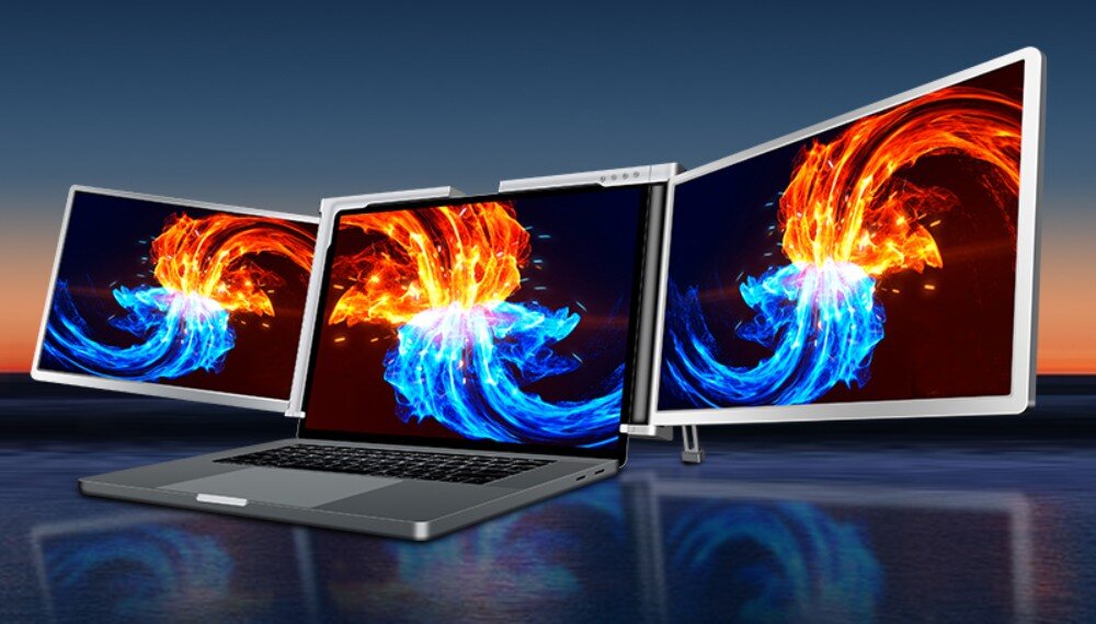 Monitor EXTRALINK Smart Life S500 Laptop z dwoma dodatkowymi ekranami, na których wyświetlana jest grafika przedstawiająca wir ognia i lodu, opis