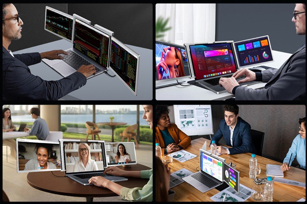 Monitor EXTRALINK Smart Life S350 Cztery scenariusze użycia monitora. Pracownik analizujący wykresy giełdowe, użytkownik korzystający z multimediów i aplikacji biznesowych, wideokonferencja z wieloma osobami oraz spotkanie biznesowe, przekątna, matryca, rozdzielczość