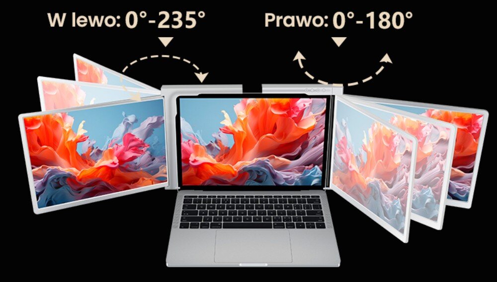 Monitor EXTRALINK Smart Life S350 Schemat przedstawiający zakres regulacji ekranów. Możliwość obrotu monitora w lewo do 235 stopni i w prawo do 180 stopni, regulacja, kompatybilność, uchwyt