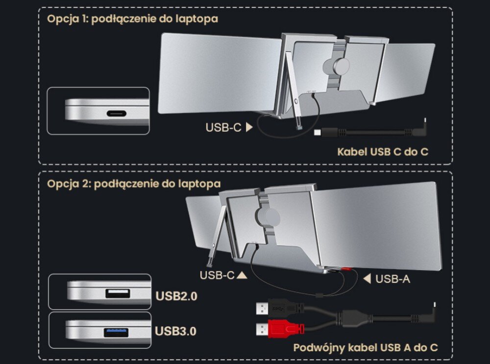 Monitor EXTRALINK Smart Life S350 Dwa sposoby podłączenia ekranów do laptopa. Pierwsza opcja to kabel USB-C do USB-C, druga to użycie podwójnego kabla USB-A do USB-C dla urządzeń bez portu USB-C, podłączenie, zasilanie