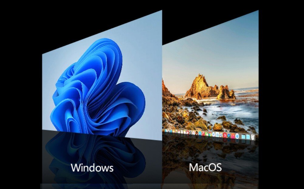 Monitor EXTRALINK Smart Life S350 Dwa systemy operacyjne – Windows i macOS – przedstawione jako kompatybilne z dodatkowymi ekranami, systemy, kompatybilność