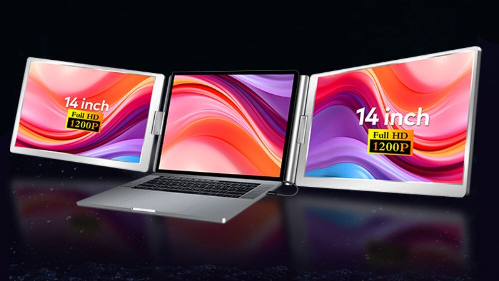 Monitor EXTRALINK Smart Life S688 Laptop z zamontowanymi dwoma dodatkowymi ekranami po bokach, które rozkładają się na boki. Na wszystkich wyświetlaczach widoczna jest kolorowa grafika, opis