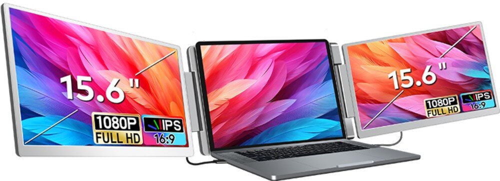 Monitor EXTRALINK Smart Life S10 Laptop z zamontowanymi dwoma bocznymi ekranami o przekątnej 15,6 cala, na których widoczne są kolorowe grafiki i oznaczenia '1080P FULL HD IPS 16:9', opis