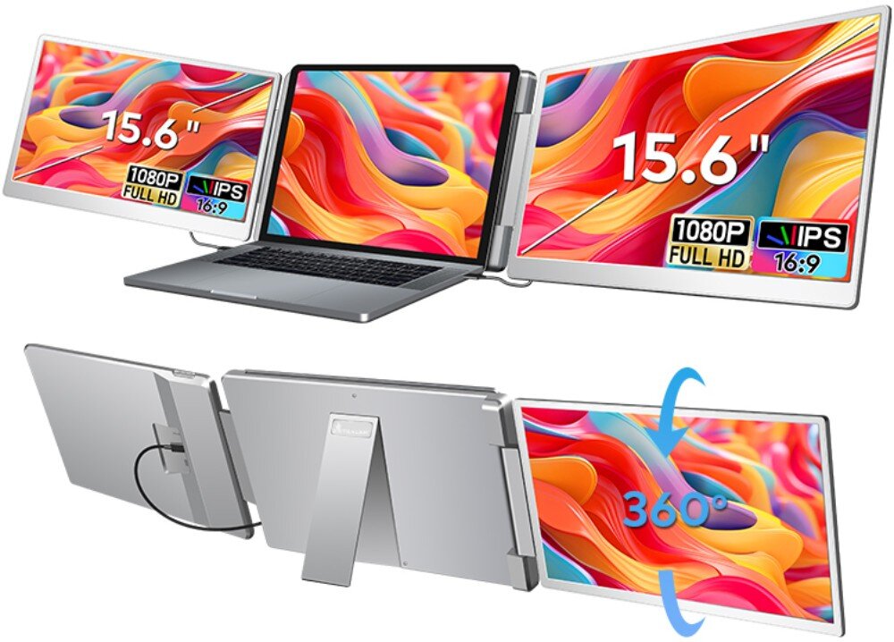 Monitor EXTRALINK Smart Life S10 Laptop z dwoma bocznymi ekranami 15,6 cala wyświetlającymi kolorowe tło, widok z przodu i z tyłu, a także ilustracja możliwości obrotu ekranu o 360 stopni, zastosowanie, przekątne, ekrany, waga, transport