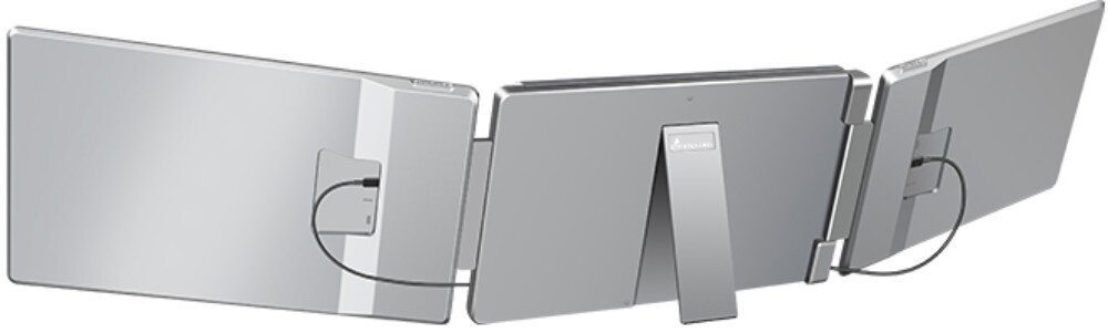 Monitor EXTRALINK Smart Life S10 Widok tyłu urządzenia z rozłożonymi ekranami oraz widocznymi przewodami podłączonymi do paneli bocznych, porty, podłączenie, kompatybilność, zasilanie