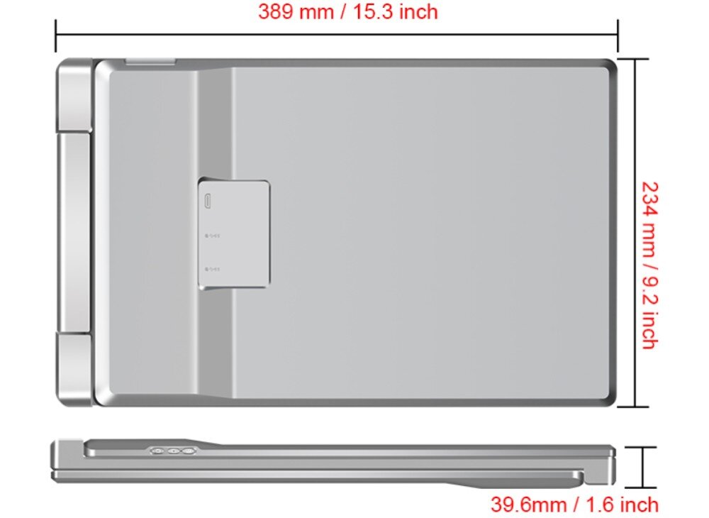 Monitor EXTRALINK Smart Life S10 Widok urządzenia złożonego z zaznaczonymi wymiarami 389 mm szerokości, 234 mm wysokości i 39,6 mm grubości, z widocznymi przyciskami na bocznej krawędzi, obsługa, laptopy, systemy, obudowa