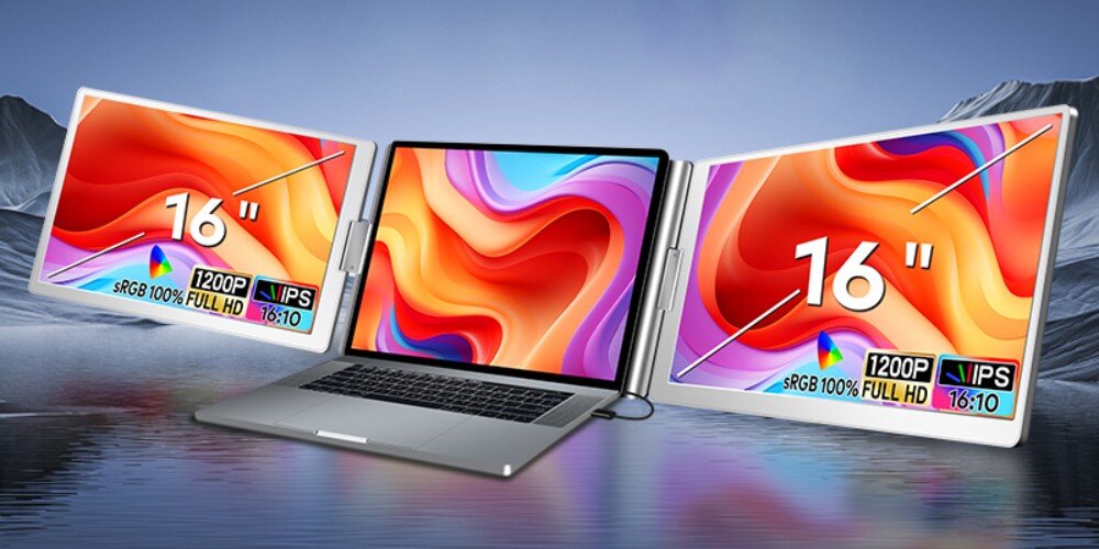 Monitor EXTRALINK Smart Life S880 Laptop z dwoma dodatkowymi ekranami o przekątnej 16 cali, zamontowanymi po bokach. Na wyświetlaczach widoczna abstrakcyjna grafika, opis