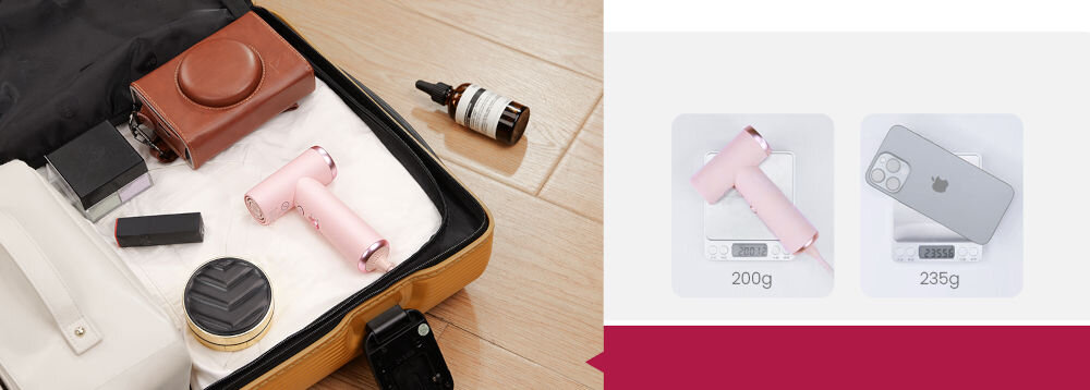 Suszarka COSHARE SuperMini Grafitowy 800W podróżowanie nieodzowny element perfekcyjna fryzura kompaktowa lekka wydajna olśniewający efekt użyta technologia praktyczne funkcje stylowe pełne blasku włosy