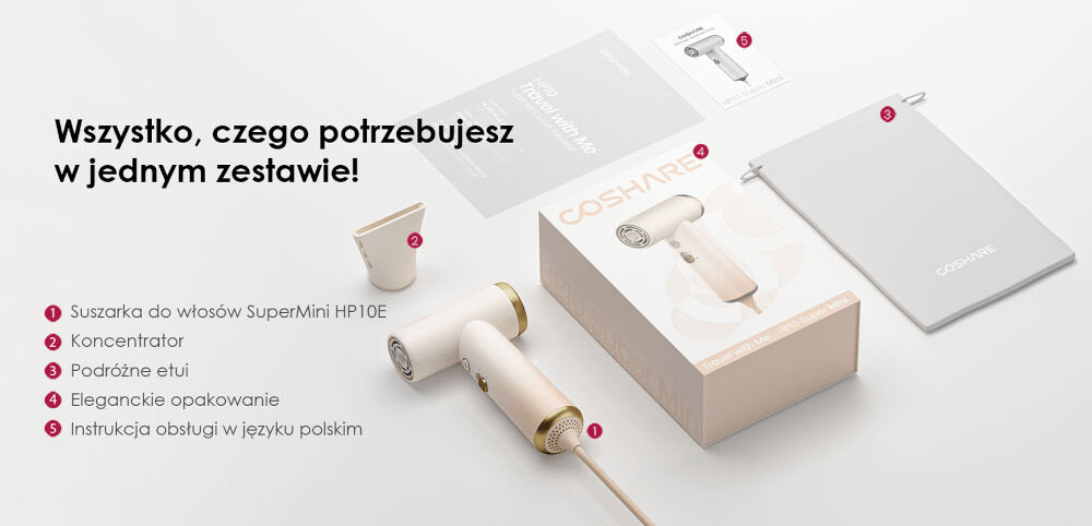 Suszarka COSHARE SuperMini Beżowy 800W wyjątkowa moc kompaktowa konstrukcja wygoda szybkość suszenia końcówka stylizujaca precyzyjne wysuszenie włosów i sierści czworonogów dołączone etui ze sznurkiem ochrona przed zarysowaniem i kurzem praktyczny sznurek oszczędność miejsca ułatwienie przechowywania