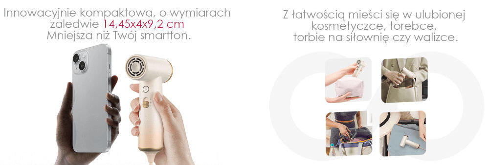 Suszarka COSHARE SuperMini Różowy 800W 14,45 x 4 x 9,2 cm zmiesci się w dłoni poręczna łatwa w obsłudze mały rozmiar odpowiednia do podróży w kosmetyczce plecaku torebce matowa antyposlizgowa obudowa pewny chwyt automatyczny tryb czyszczenia ułatwienie dbania o czystość kabel długość 1,5 m swoboda ruchu lekka waga 200 g