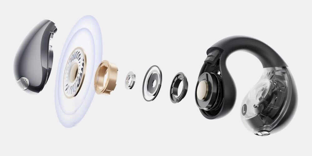 Słuchawki powietrzne QCY Crossky Clip T33 przetwornik 10.8 mm dual magnet i czyste wokale, przekrój słuchawki na szarym tle