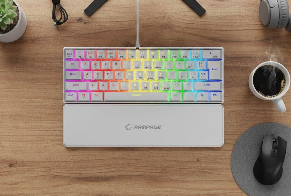 RAMPAGE Plower K60 - klawiatura na blacie, obok kubek i mysz