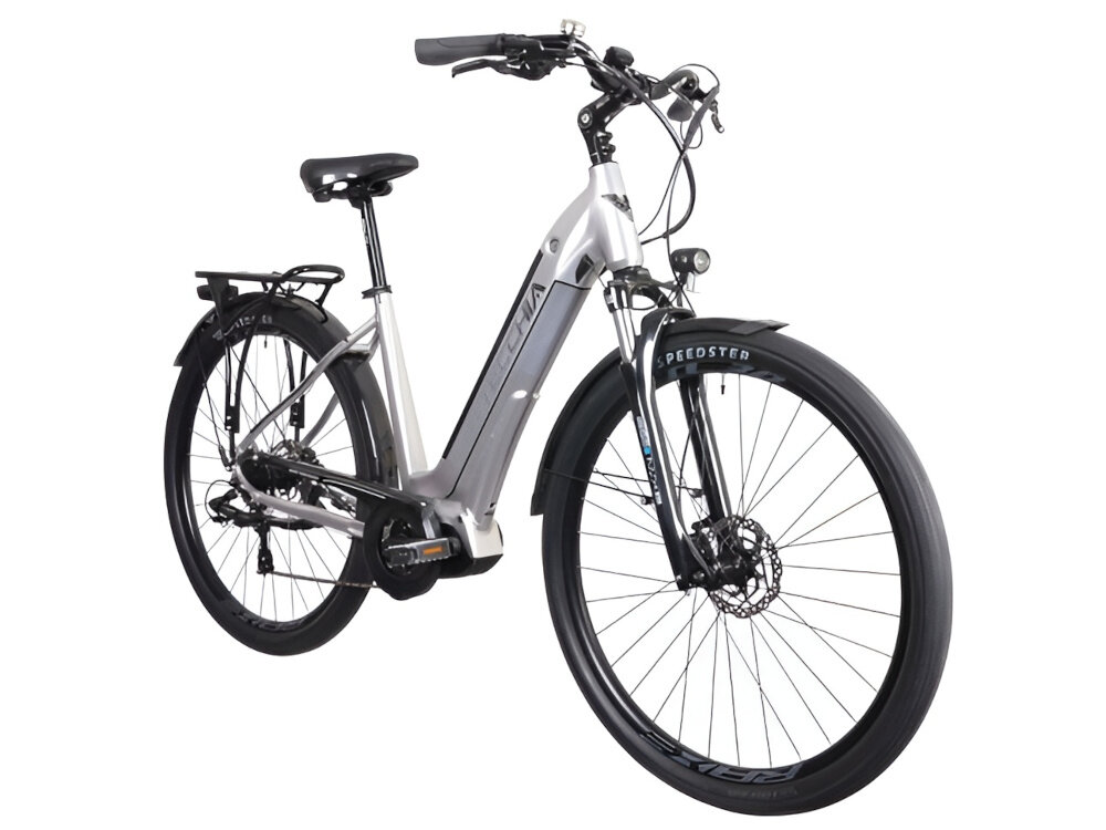 Rower elektryczny BOTTECCHIA Holliwood D17 28 cali Srebrny rower na białym tle widoczny od przodu pod skosem damski rower elektryczny środek codziennego transportu do weekendowych przejażdżek wymaga również pracy mięśni nóg elektryczny układ napędowy wspomaga rowerzystę