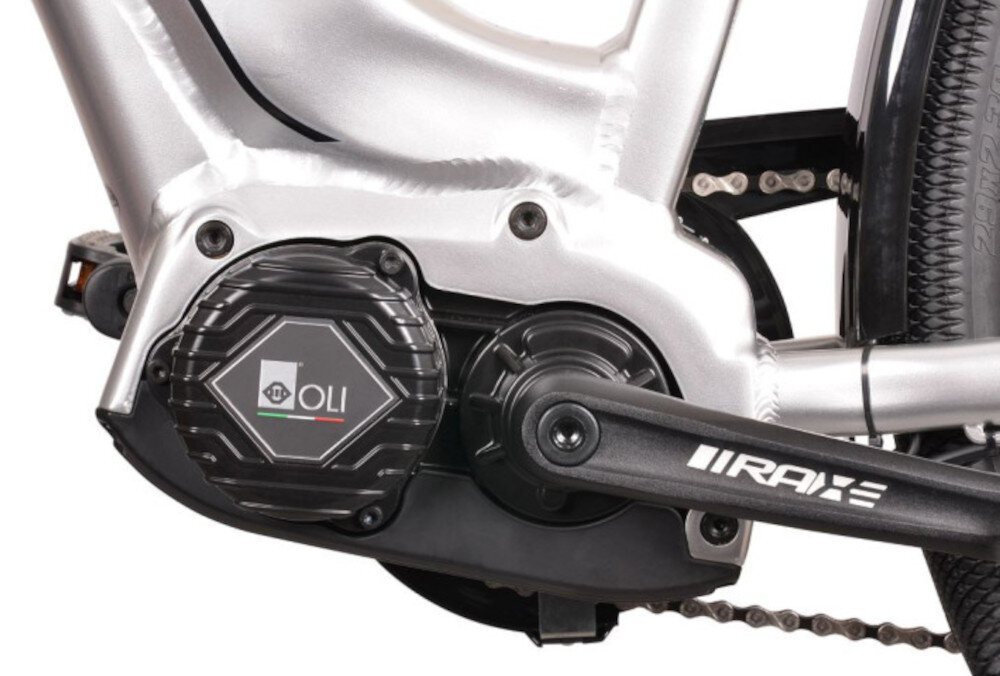 Rower elektryczny BOTTECCHIA Holliwood D17 28 cali Srebrny zbliżenie na silnik wytrzymały bezszczotkowy silnik renomowanej marki OLI E-bike System moc 250 W cicha i wydajna praca umiejscowiony centralnie niezauważalny