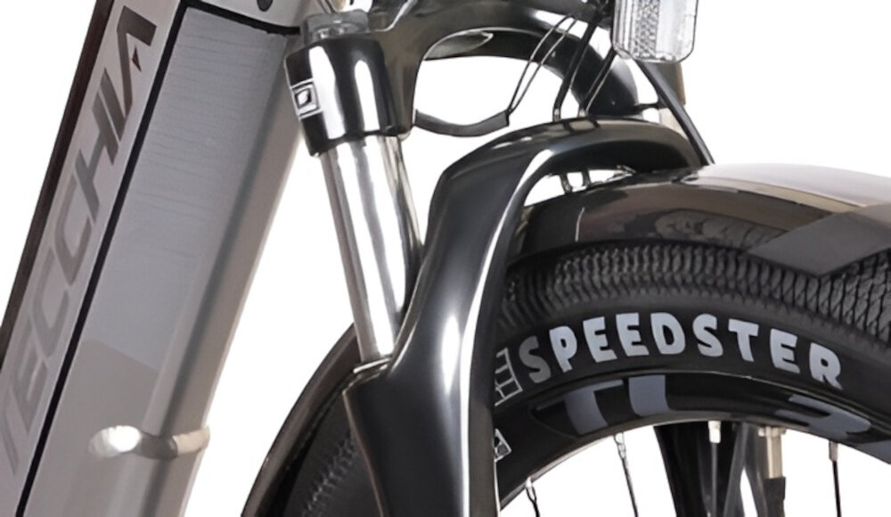 Rower elektryczny BOTTECCHIA Holliwood D17 28 cali Srebrny zbliżenie na amortyzator białe tło rower typu hardtail przedni amortyzator marki SUNTOUR typu NVX 30 regulacja preload stalowa sprężyna dopasowuje sprężynę do wagi rowerzysty