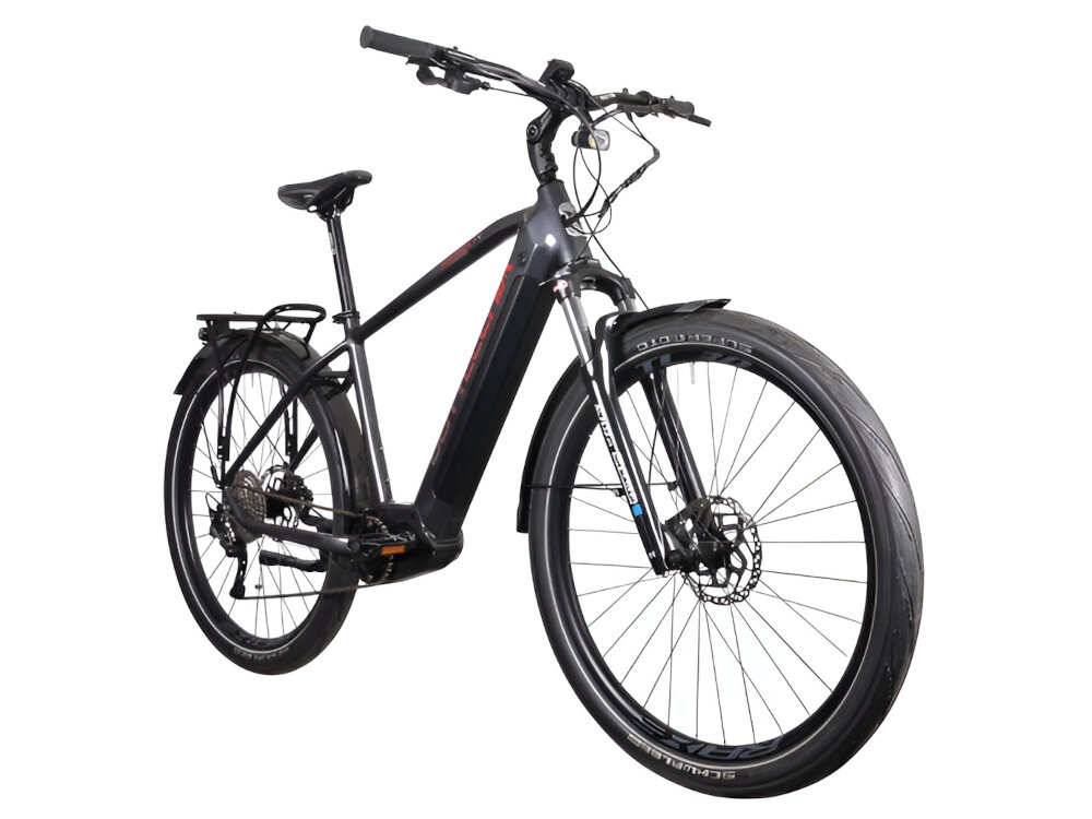 Rower elektryczny BOTTECCHIA Hydron M15 28 cali Antracytowy rower na białym tle widoczny od przodu pod skosem męski rower elektryczny środek codziennego transportu do weekendowych przejażdżek wymaga również pracy mięśni nóg elektryczny układ napędowy wspomaga rowerzystę