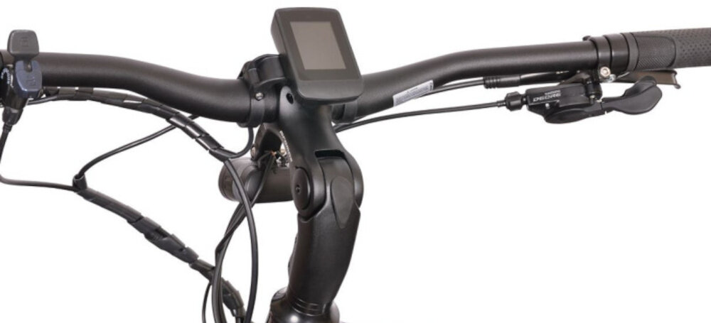 Rower elektryczny BOTTECCHIA Hydron M15 28 cali Antracytowy kierownica z widocznym wyświetlaczem na białym tle aluminiowa kierownica antypoślizgowy materiał pewny chwyt komputer pokładowy monitorowanie kluczowych parametrów