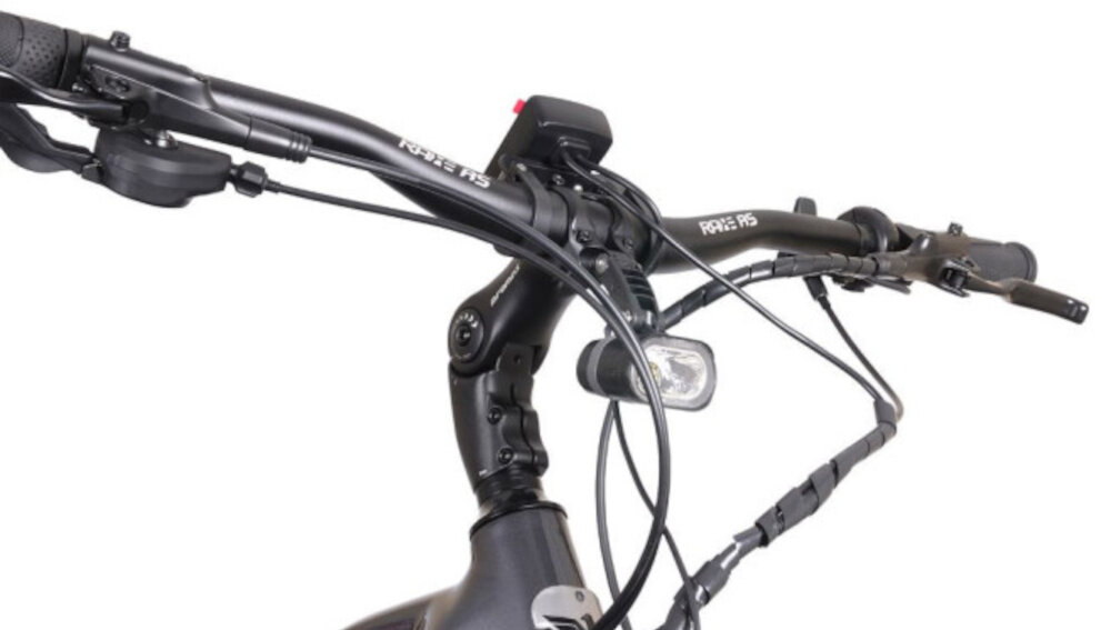 Rower elektryczny BOTTECCHIA Hydron M15 28 cali Antracytowy zbliżenie na przednie światło bezpieczeństwo zintegrowane przednie światło i tylne oświetlenie dobra widoczność bezpieczeństwo